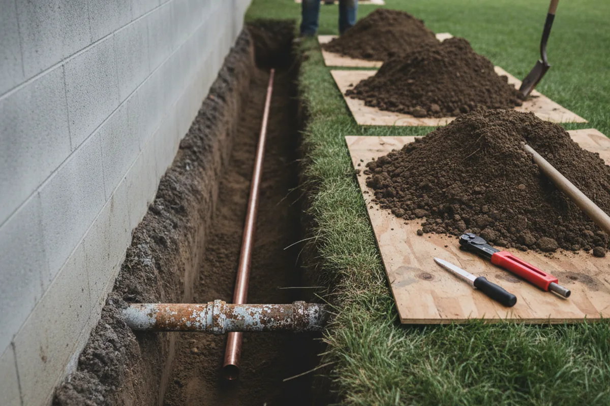 Excavated water line trench during Water Softener Installation in Hoopa